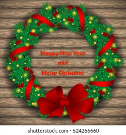 Christmas wreath with baubles and christmas tree on background of boards. Vector illustration.