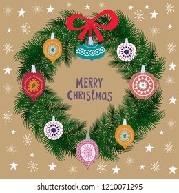 Christmas wreath with baubles and christmas tree. Vector illustration.