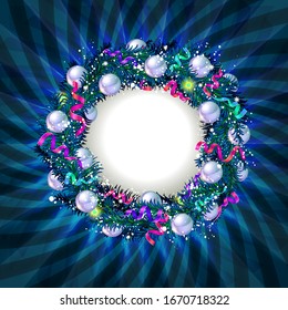 Corona de Navidad con baubles y árbol de Navidad. Ilustración vectorial.