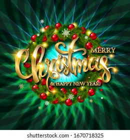 Christmas wreath with baubles and christmas tree. Vector illustration.