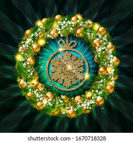 Christmas wreath with baubles and christmas tree. Vector illustration.