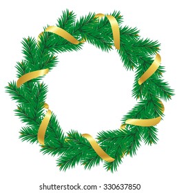 Christmas wreath with baubles and christmas tree. Vector illustration.