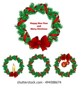 Christmas wreath with baubles and christmas tree. Vector illustration.