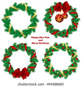 Christmas wreath with baubles and christmas tree. Vector illustration.