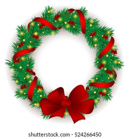 Christmas wreath with baubles and christmas tree. Vector illustration.