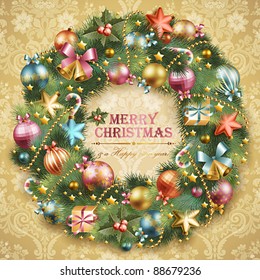 Christmas wreath with baubles and christmas tree. Vector illustration.