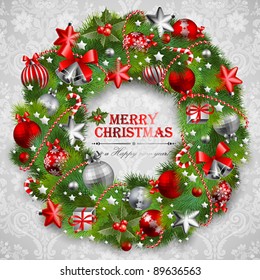 Christmas wreath with baubles and christmas tree. Vector illustration.