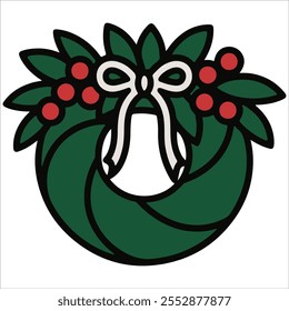 Christmas Wreath With Bell And Bow Vector Illustration, Cartoon Christmas Wreaths With Ribbons, Pine Cones, 