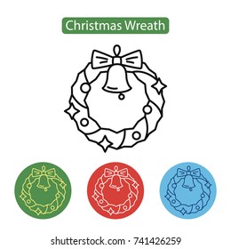 Christmas Wreath With Bell Icon On White Background. New Year Chrismas Object Isolated On White Background. Graphic For Web Design. Winter Holidays Vector Illustration, Line Style. Editable Stroke.