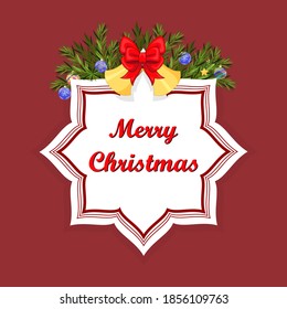 Christmas wreath with bell, red bow, fir branches, balls and star