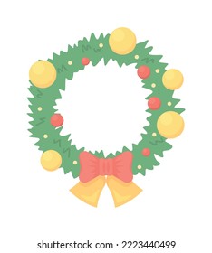 Christmas wreath with bell semi flat color vector object. Editable element. Full sized item on white. Christmas festive decor simple cartoon style illustration for web graphic design and animation