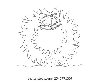 Christmas wreath with bells, Christmas,New Year, continuous single line art drawing sketch, logo