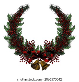 Christmas wreath with Christmas bells and decorations. Vintage stylized drawing. Vector illustration 