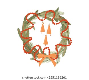 Christmas wreath with bells drawn in flat style. Holidays, Christmas, Decorations. Hand drawn vector illustration.