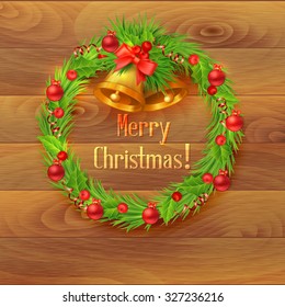 Christmas wreath with bells on a wooden background, vector illustration