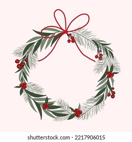 Christmas wreath with bells and ribbon, new year, 2023, vector hand drawn 