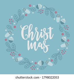 Christmas wreath with berries, acorns, leaves, berries, snowflakes on light blue background. Perfect for winter holidays, New year. Hand drawn frame. Vector illustration