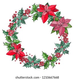 Christmas Wreath with berries and flowers on white background
