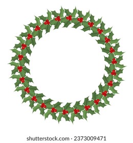 Christmas wreath of berries and leaves on a white background, flat vector illustration, for Christmas Day