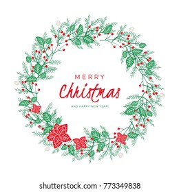 Christmas wreath with berries, leaves, pine branches and fir cones. Round frame for winter design. Vector background