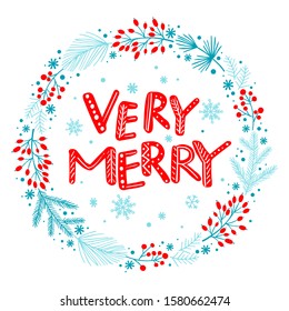 Christmas wreath with berries and leaves, vintage winter floral vector illustration. Template for holiday greeting card, invitation, mug, t-shirt design.