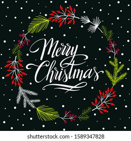 Christmas wreath with berries and leaves, vintage winter floral vector illustration. Template for holiday greeting card, invitation, mug, t-shirt design.
