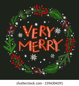 Christmas wreath with berries and leaves, vintage winter floral vector illustration. Template for holiday greeting card, invitation, mug, t-shirt design.