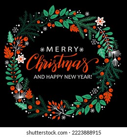 Christmas wreath with berries and leaves, vintage winter floral vector illustration. Template for holiday greeting card, invitation, mug, t-shirt design.