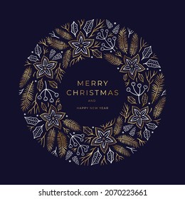 Christmas wreath of berries, pine branches and cones. Round festive frame for greeting cards in a modern style with gold and white elements