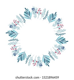 Christmas wreath with berries, pine cone and branches. Vector template for greeting card. Winter frame isolated on white background with place for text