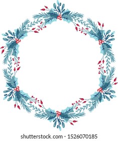 Christmas wreath with berries, pine cone and branches. Vector template for greeting card. Winter frame isolated on white background with place for text