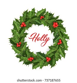 Christmas wreath with berry holiday holly ilex winter decoration element. isolated vector illustration on a white background