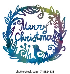 Christmas wreath with bird. Cartoon clip art illustration on isolated background. Watercolour imitation. Holiday poster design.