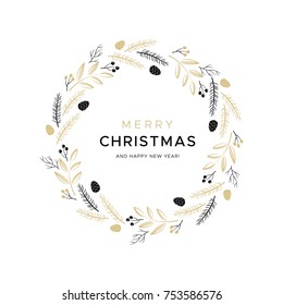 Christmas wreath with black and gold branches and pine cones. Unique design for your greeting cards, banners, flyers. Vector illustration in modern style.