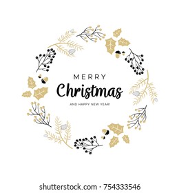 Christmas wreath with black and gold branches and pine cones. Unique design for your greeting cards, banners, flyers. Vector illustration in modern style.