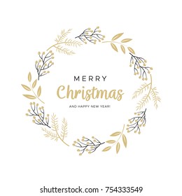 Christmas wreath with black and gold branches. Unique design for your greeting cards, banners, flyers. Vector illustration in modern style.