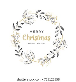 Christmas wreath with black and gold branches and pine cones. Unique design for your greeting cards, banners, flyers. Vector illustration in modern style.