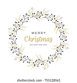 Christmas wreath with black and gold branches and pine cones. Unique design for your greeting cards, banners, flyers. Vector illustration in modern style.