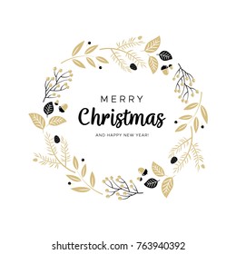 Christmas wreath with black and gold branches and pine cones. Unique design for your greeting cards, banners, flyers. Vector illustration in modern style.