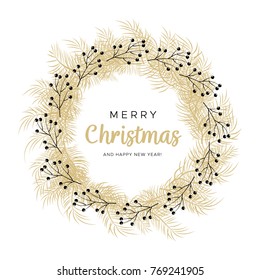 Christmas wreath with black and gold branches. Unique design for your greeting cards, banners, flyers. Vector illustration in modern style.