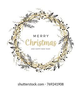 Christmas wreath with black and gold branches. Unique design for your greeting cards, banners, flyers. Vector illustration in modern style.