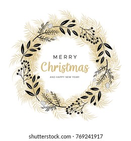 Christmas wreath with black and gold branches and pine cones. Unique design for your greeting cards, banners, flyers. Vector illustration in modern style.