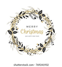 Christmas wreath with black and gold branches and pine cones. Unique design for your greeting cards, banners, flyers. Vector illustration in modern style.