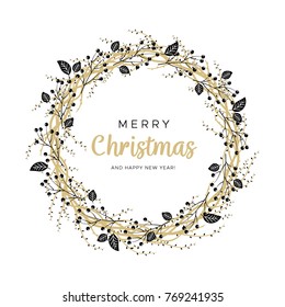 Christmas wreath with black and gold branches. Unique design for your greeting cards, banners, flyers. Vector illustration in modern style.