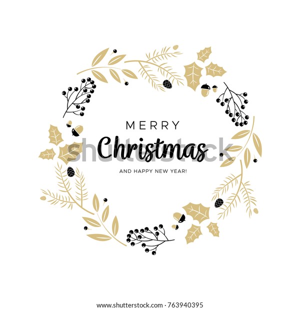 Christmas wreath with black and gold\
branches and pine cones. Unique design for your greeting cards,\
banners, flyers. Vector illustration in modern\
style.