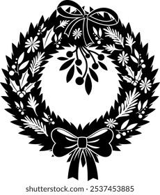 Christmas Wreath Black Silhouette. Vector Hand Drawn Illustration Isolated On Transparent Background