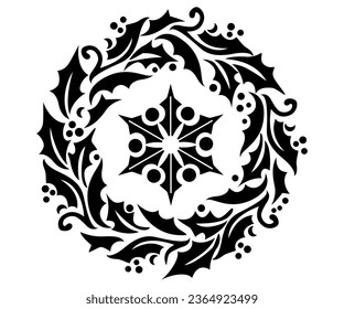 Christmas wreath black and white with floral elements, Vector illustration