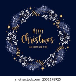 Christmas wreath. Blue and gold colors. Vector illustration. Winter holidays.