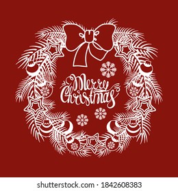 Christmas wreath. Christmas bols. Spruce branches. New year's illustration. Vector. Red background. Snowflakes. Lettering