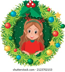 Christmas wreath border with a cute girl illustration